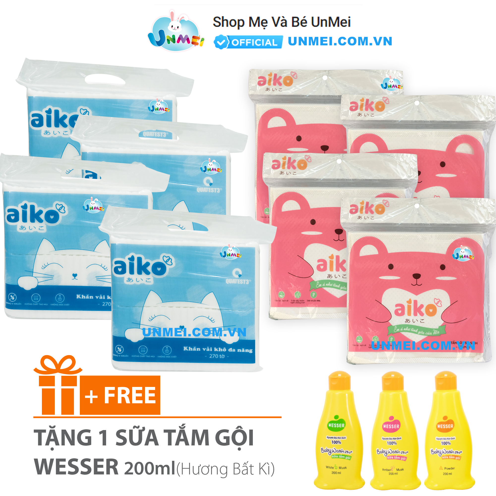 Combo Sơ Sinh Tiết Kiệm Aiko: 4 Gói Khăn Khô Aiko 300g + 4 Gói Lót Xu 25 Tờ/Gói