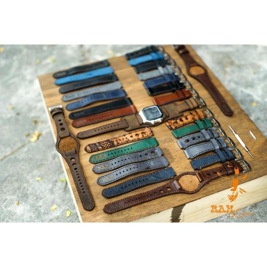 Dây đồng hồ da bò cho Casio AE1200 WHD và Seiko 5 37mm - Da bò xanh navy