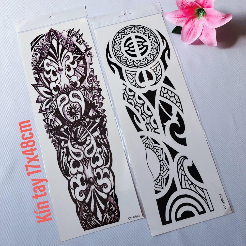 Combo 2 tấm hình xăm dán kín tay hoa văn đẹp đen trắng 17x48cm