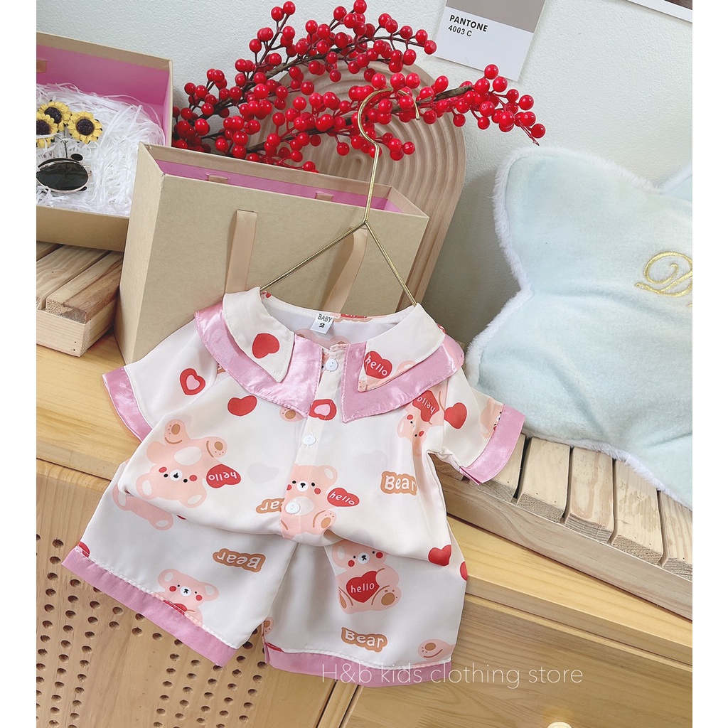 Đồ bộ bé gái, bộ pijama ngắn tay cho bé gái size 5-16kg chất lụa satin mềm mát