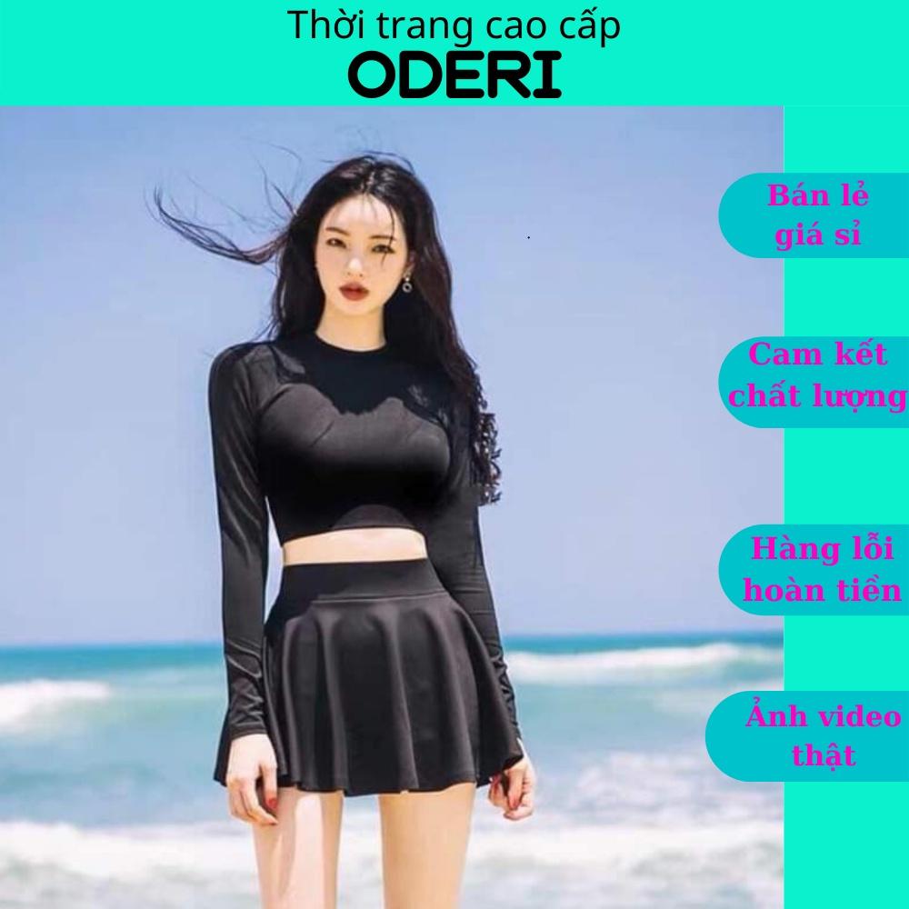 Bikini, Đồ Bơi Đi Biển Hai Mảnh Tay Dài Đen Chân Váy Xòe Dễ Thương ODERI HM-060