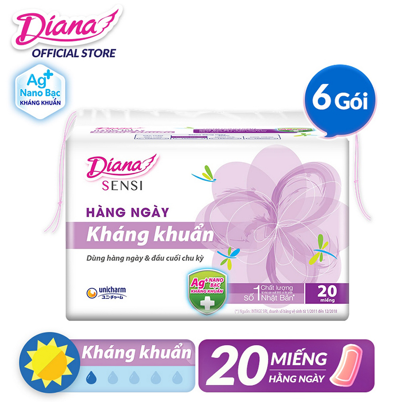 Bộ 6 Gói Băng Vệ Sinh Diana Hàng Ngày Sensi Kháng Khuẩn (20 Miếng/Gói) Tặng Ví Hologram