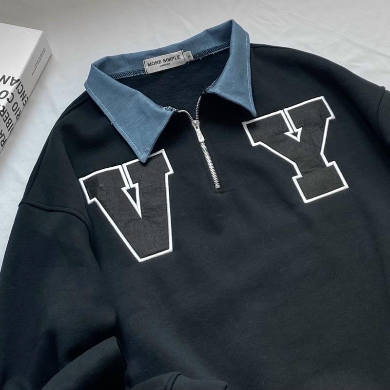 Áo Sweater V.Y Phối Zip Vải Nỉ Bông Form Rộng Ulzzang Unisex Nam nữ unisex Áo Sweater có cổ Jaystoree