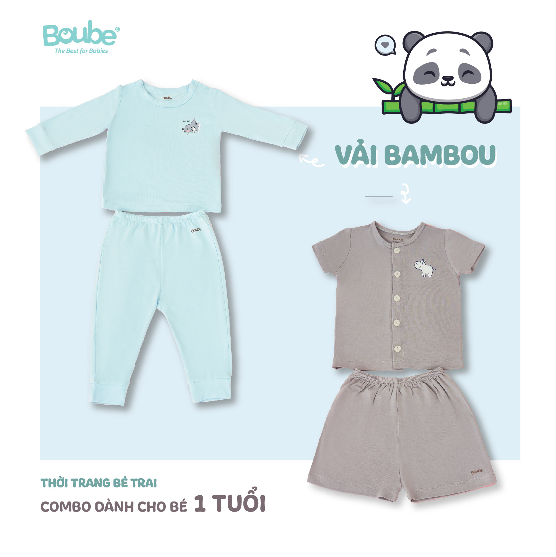  Combo tiết kiệm, 2 bộ quần áo cho bé trai 1 tuổi Boube, chất liệu vải sợi tre Bamboo thông minh, thoải mái - Size 9-18M