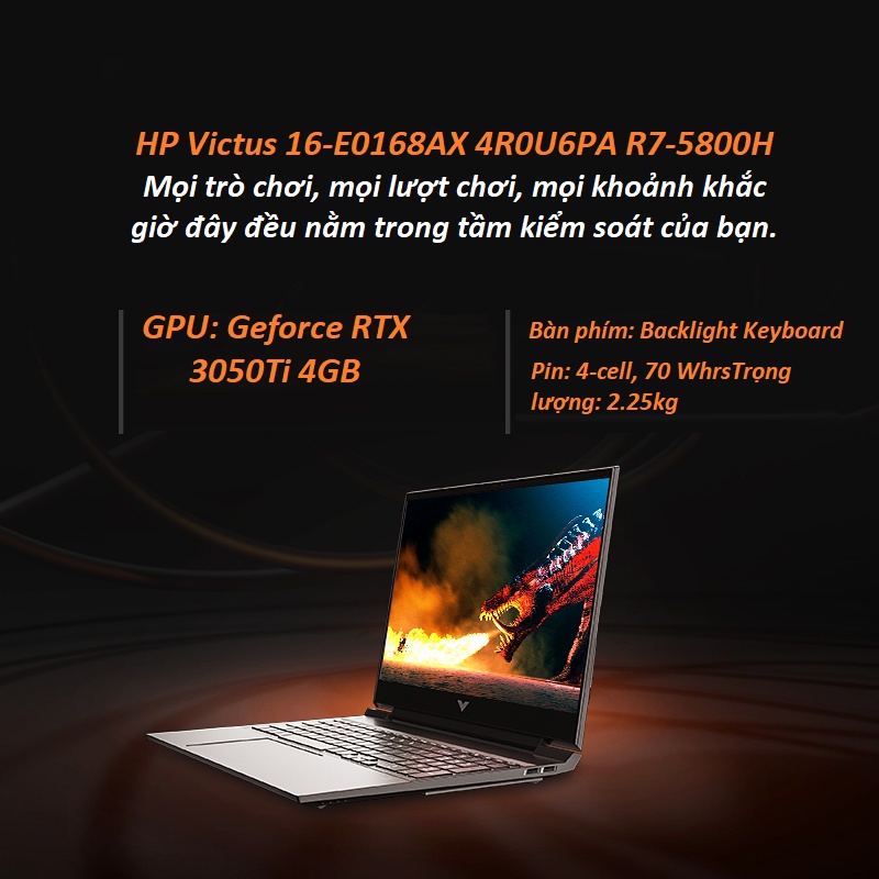 Laptop HP Victus 16-e0168AX 4R0U6PA R7-5800H | 8GB | 512GB |RTX 3050Ti 4GB | 144Hz Hàng chính hãng