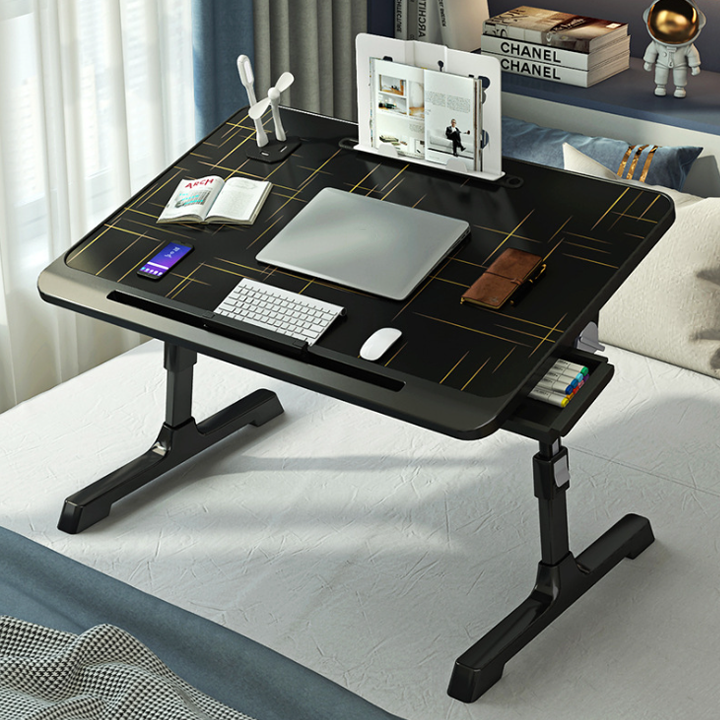 Bàn làm việc ngồi giường màu đen mẫu cao cấp, bàn gấp ngồi giường Full, ngăn kéo, USB, giá sách, khe cắm thẻ KO126
