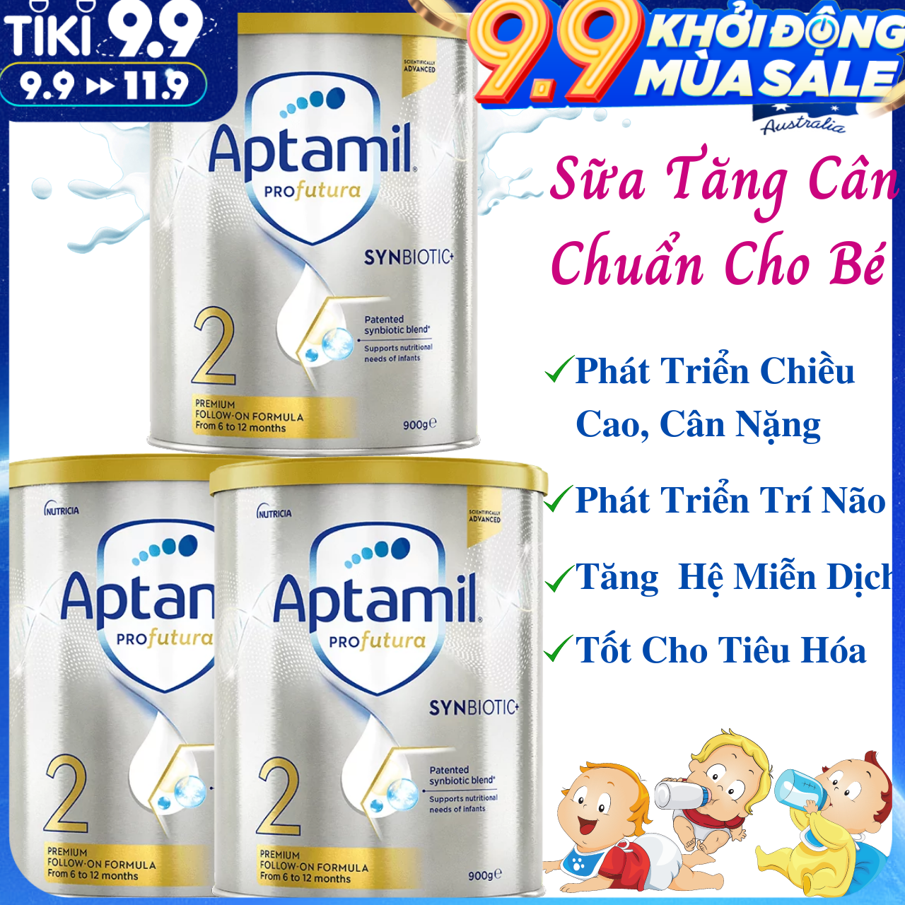 Sữa tăng cân cho bé từ 6-12 tháng Aptamil Profutura Synbiotic Úc giàu dưỡng chất giúp bé phát triển chiều cao, cân nặng, trí não, tăng sức đề kháng - Massel Official -3Lon x 900g