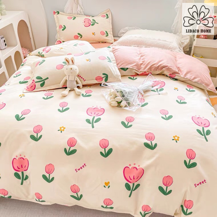 Bộ chăn ga gối cotton LIDACO PL1 - Tulip hồng sweet SP001491