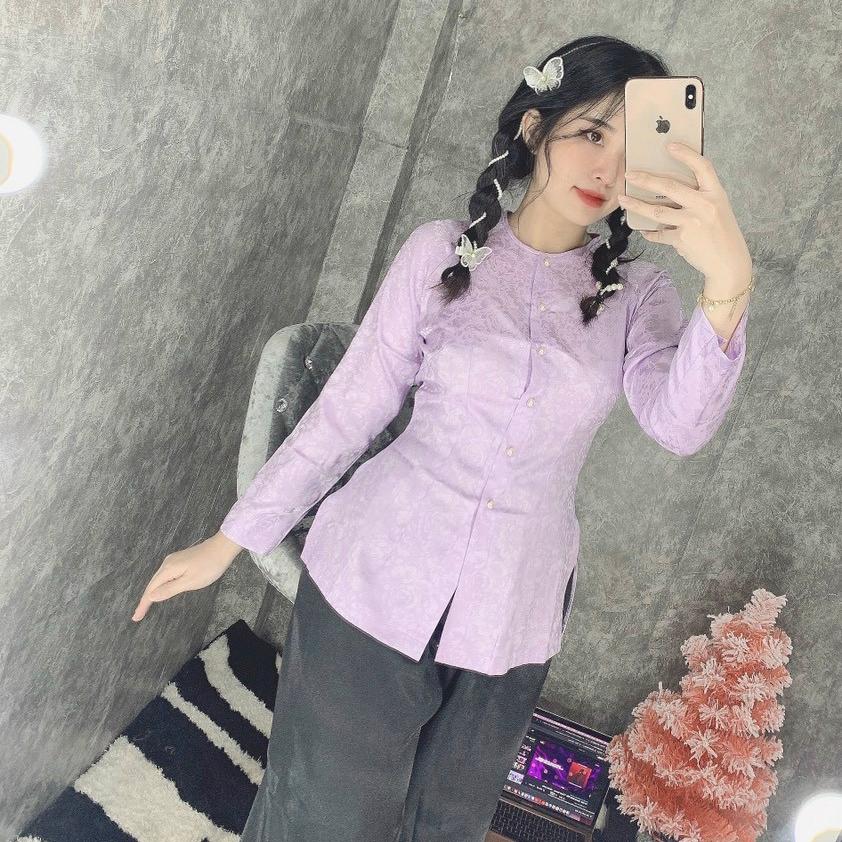 (GẤM BÀ BA cổ tròn S=2 QUẦN và ÁO BÁN RIÊNG) Bộ quần áo Phật tử, đồ lam đi chùa mẫu nữ vải gấm mã LH - Áo vàng đậm (Ko quần