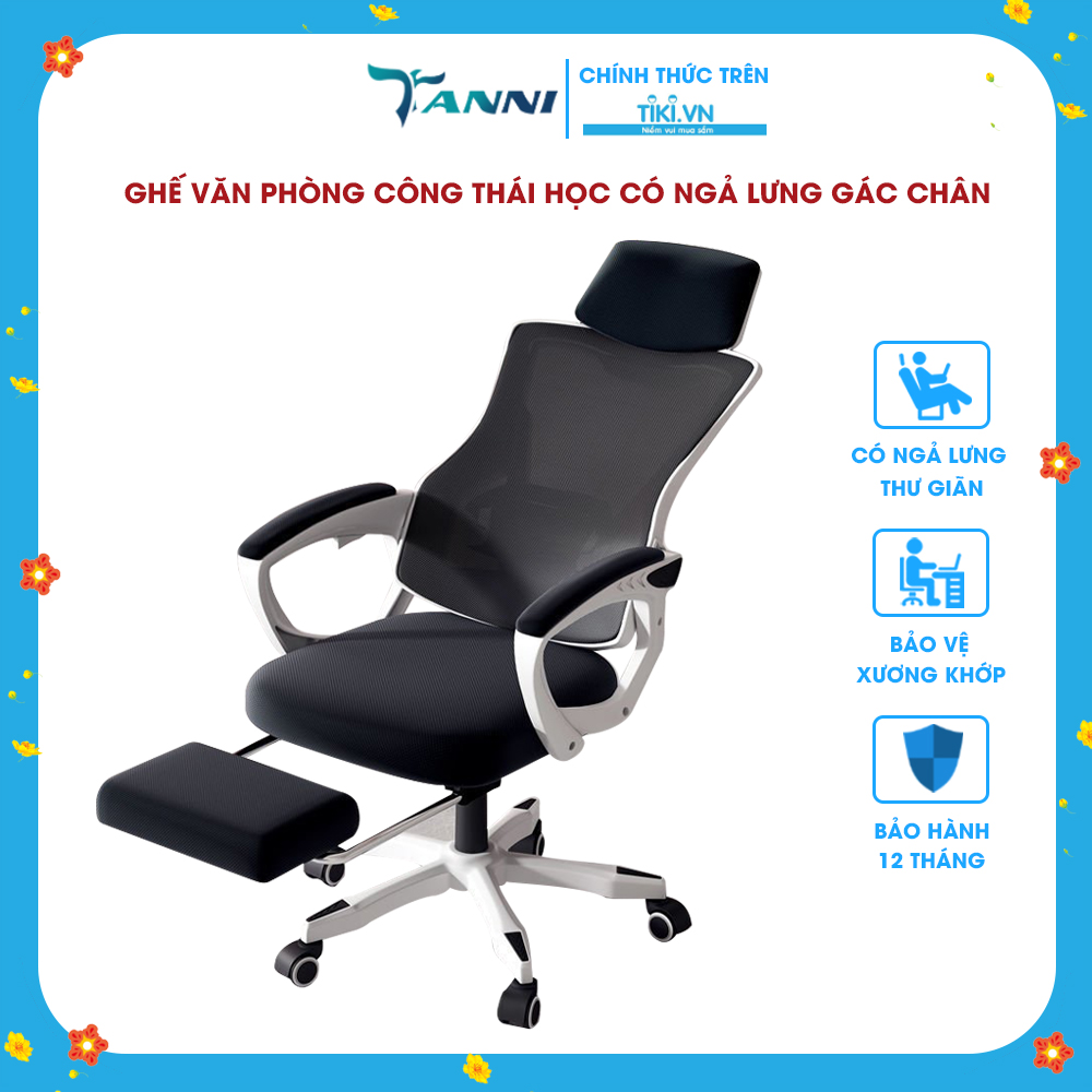 Ghế Xoay Văn Phòng Công Thái Học Ergonomic Có Ngả Lưng Gác Chân TANNI Premium 02 Plus, Ghế Xoay Gaming Cao Cấp Nhập Khẩu