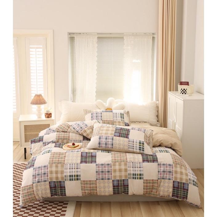 Set Cotton Living 100%cotton Hàng Nhập Khẩu Cao Cấp 4 Món kẻ Nâu Thổ Cẩm