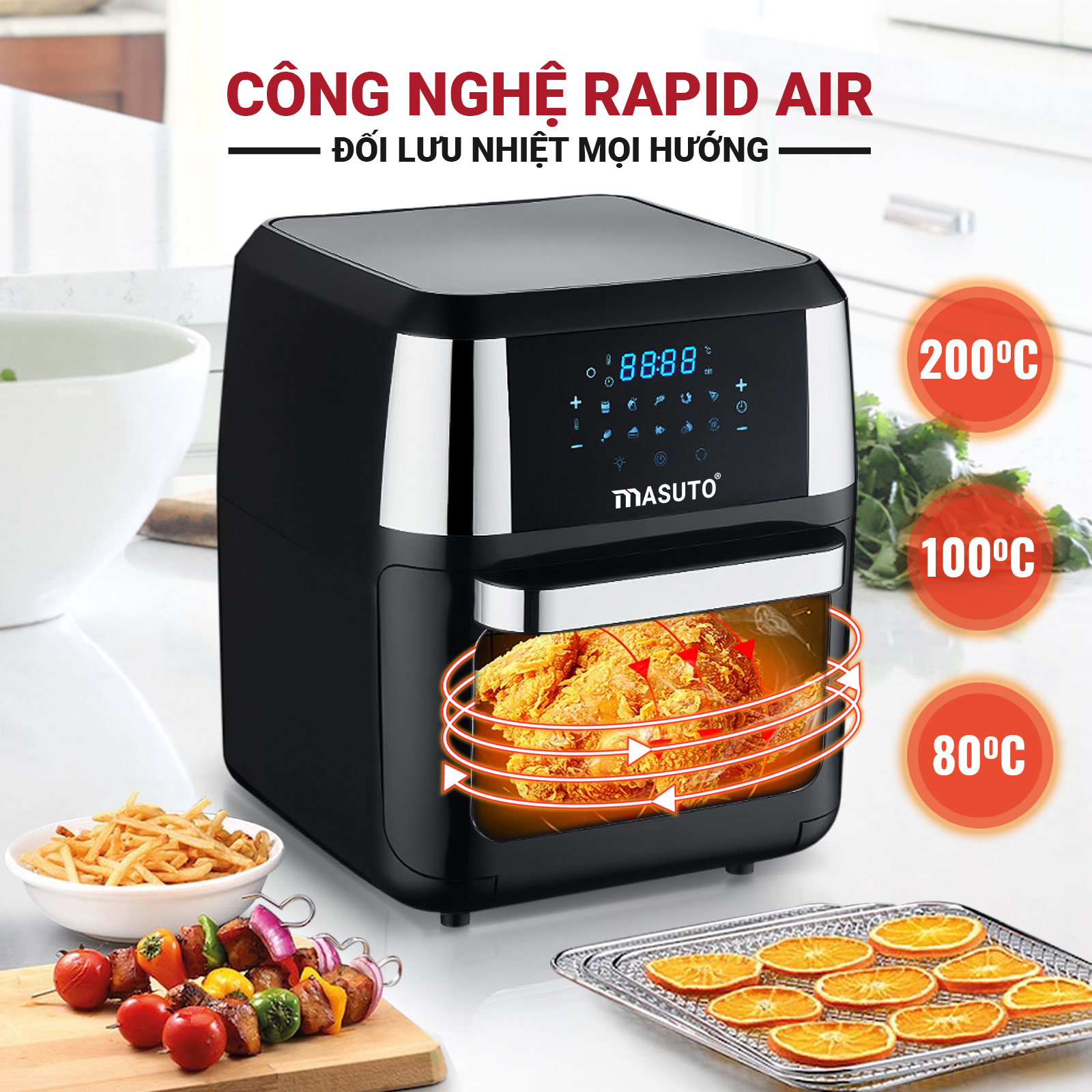 Nồi Chiên Không Dầu Masuto 12L Nướng Gà Nguyên Con Giỏ Inox Cao Cấp Thực Phẩm Chín Đều Ngoài Giòn Trong Mềm Mọng Nước-Hàng chính hãng