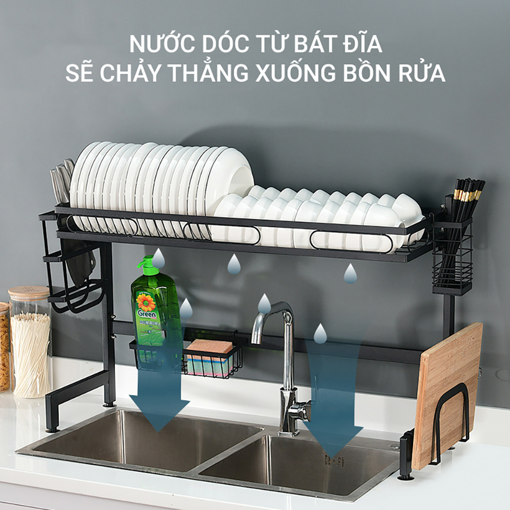 Kệ chén bát đa năng bằng thép carbon không gỉ, chống xước, sơn đen tĩnh điện, giá bát trên bồn rửa ráo nước cho nhà bếp sạch sẽ VANDO