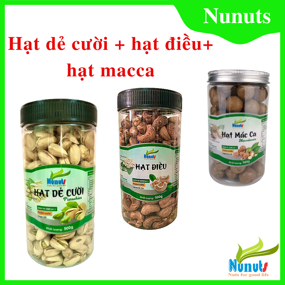 COMBO 3 HŨ ( MACCA CÒN VỎ, HẠT DẺ CƯỜI MỸ KHÔNG TẨY TRẮNG, HẠT ĐIỀU CÒN VỎ LỤA) NUNUTS MỖI HŨ 500G