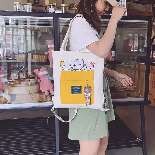 Túi ToTe đeo chéo đeo vai thời trang kiểu mới hình ba con mèo kute of KITI SHOP có khóa kéo vừa A4