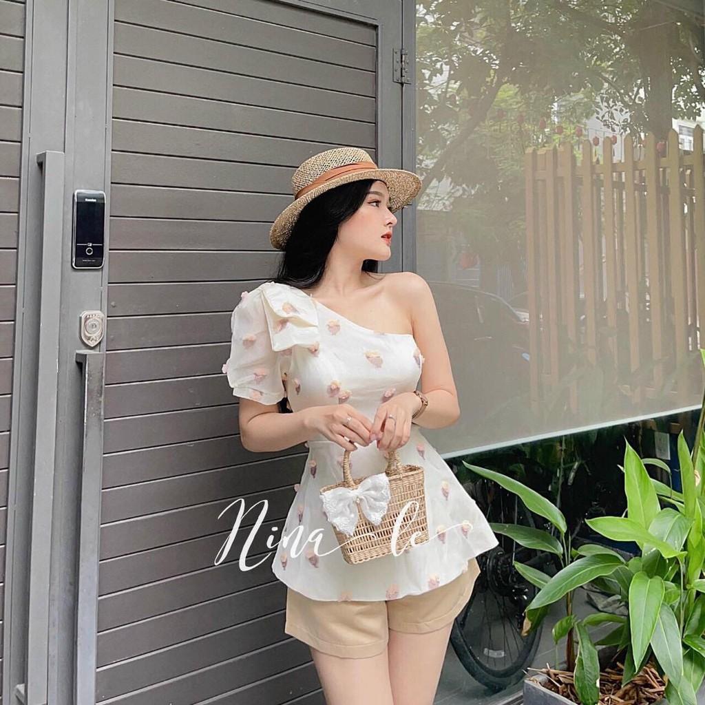 Set bộ đùi lệch vai kết nơ & Quần chéo nhung