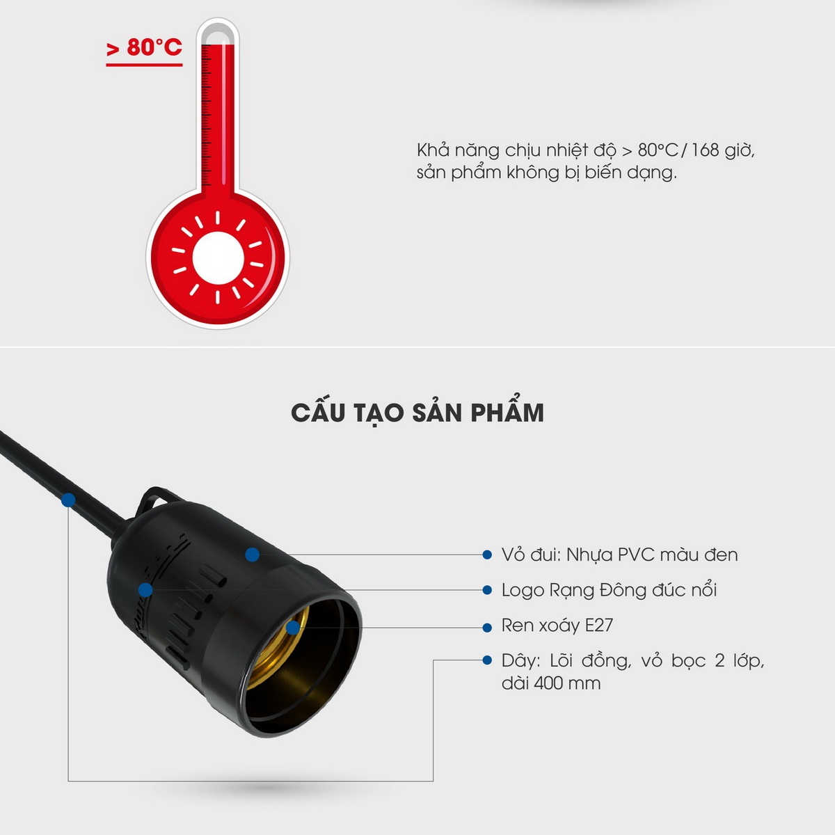 Đui đèn chống nước Rạng Đông E27 IP65 an toàn lắp đặt ngoài trời sân vườn trang trại - Hàng chính hãng