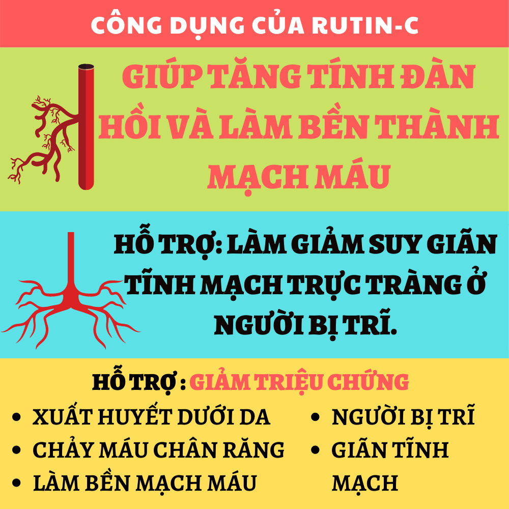 Rutin C - Hỗ trợ làm giảm suy giãn tĩnh mạch trực tràng ở người bị trĩ, sa búi trĩ, Giúp tăng tính đàn hồi và làm bền thành mạch máu