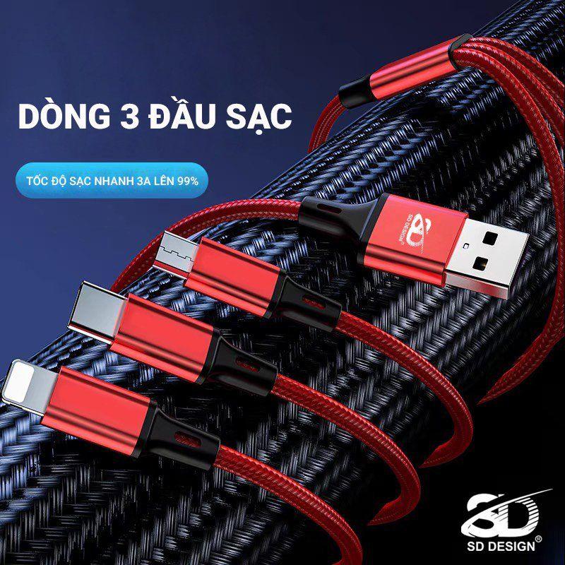 Cáp Sạc 3 Đầu SD Design L2 Sạc nhanh 5.0A Micro Type C Dây Dù Sạc cho iPhone Samsung Oppo Xiaomi