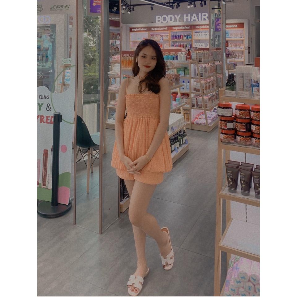 Set bí gồm áo hai dây quần lưng thun màu cam năng động trẻ trung