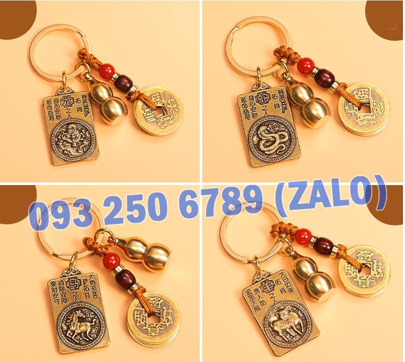Móc Khóa 3 Món Dây Vàng 5 Đồng Xu,Quả Bầu Rỗng Mix Thẻ Bài 2 Mặt 8 Vị Phật Hộ Mệnh Phù Trợ 12 Con Giáp