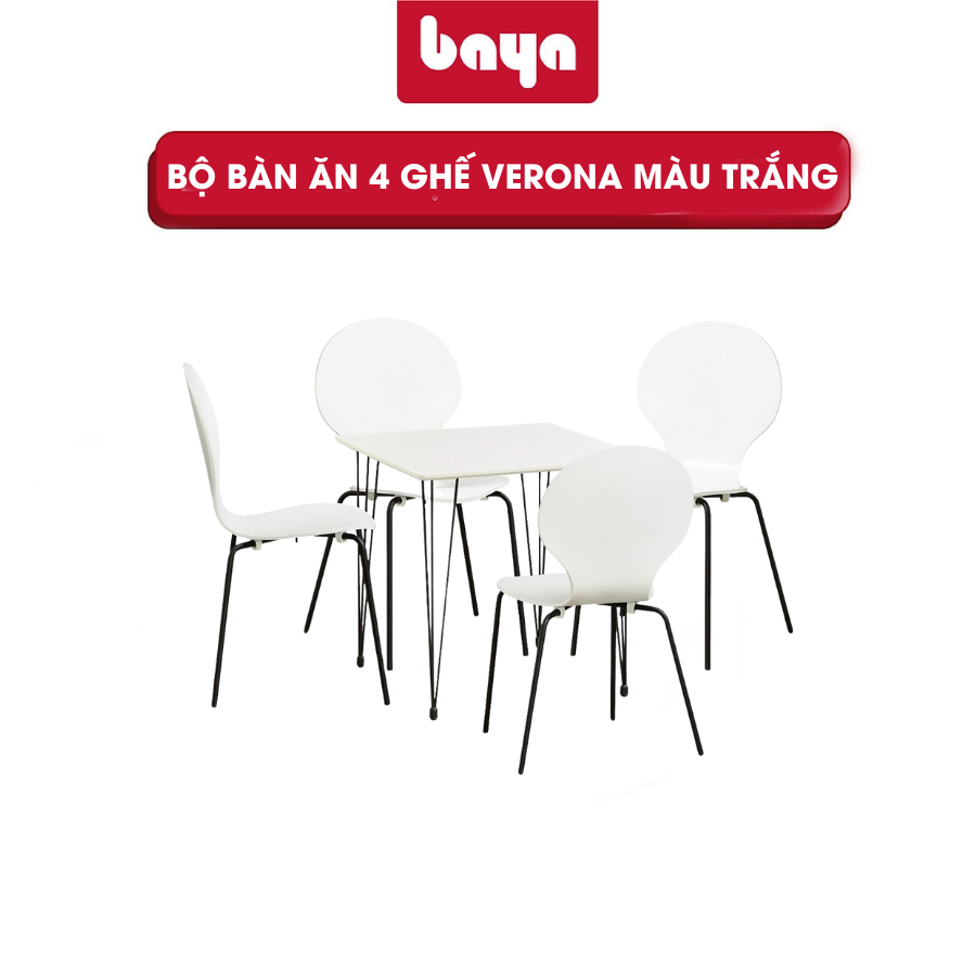 Bộ Bàn Ăn 4 Ghế Màu Trắng BAYA VERONA Khung Kim Loại Bền Chắc, Bề Mặt Gỗ Nhẵn Mịn Dễ Vệ Sinh 6000273