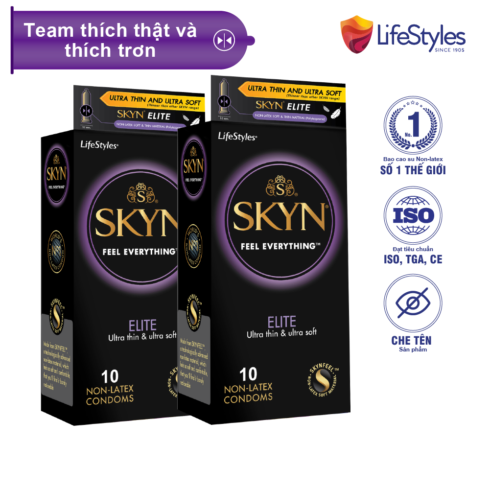 Bộ 2 Bao cao su LifeStyles SKYN Elite Non-latex siêu mỏng siêu mềm không mùi cao su 10 bao