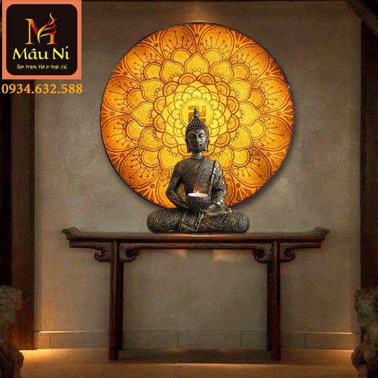 Tranh trúc chỉ in MÂU NI, Tâm chữ vạn, đk 80cm,