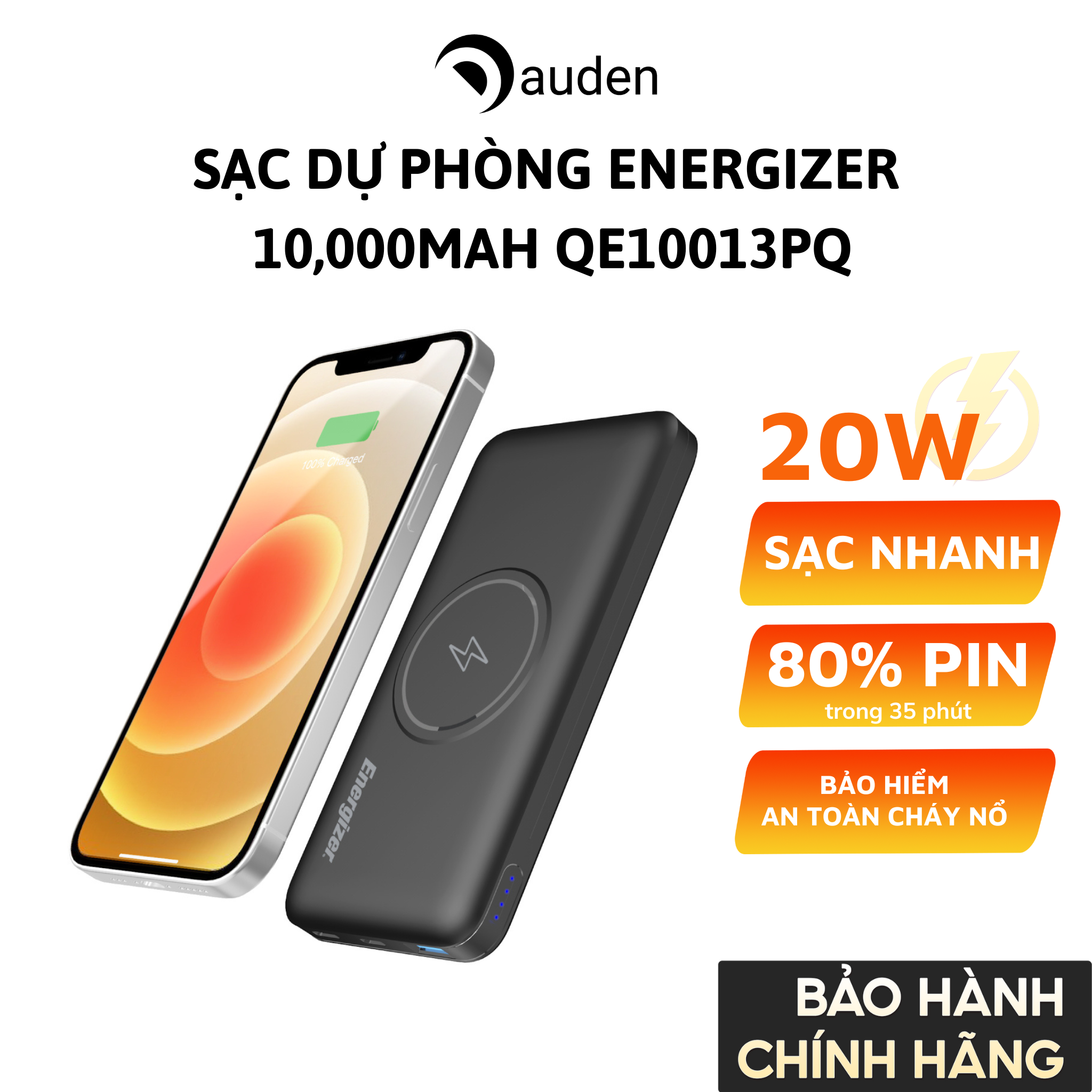 Sạc dự phòng Energizer QE10013PQ - Tích hợp sạc nhanh không dây - Hàng chính hãng