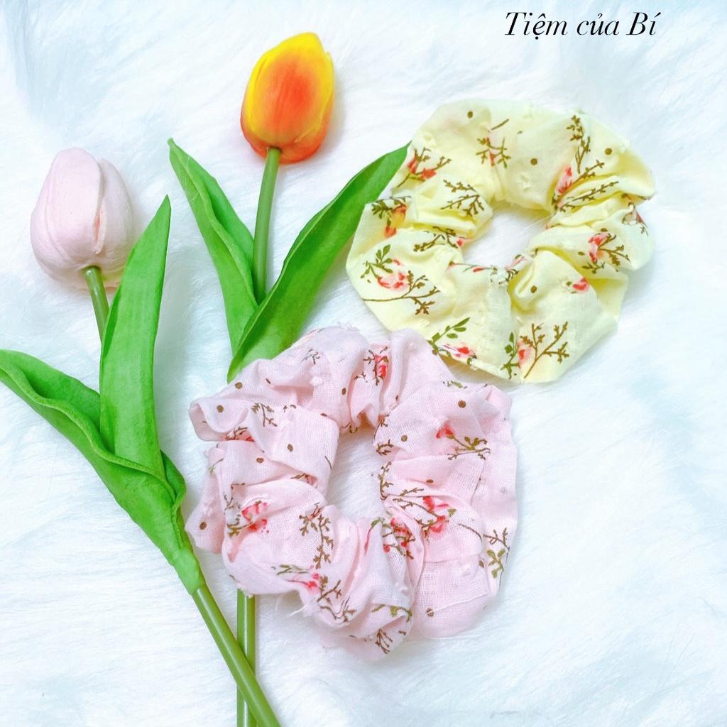 Scrunchies buộc tóc họa tiết hoa hồng nhỏ vải xô cao cấp