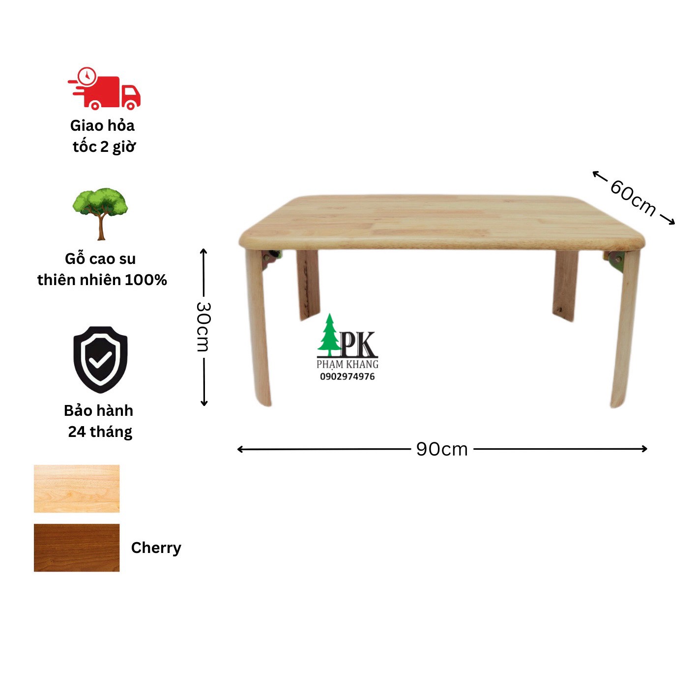 Bàn gỗ xếp chân bánh mì Phạm Khang - Gỗ cao su tự nhiên màu Gỗ Tự Nhiên/ Vàng Cherry - Kích thước 60 x 120 cm