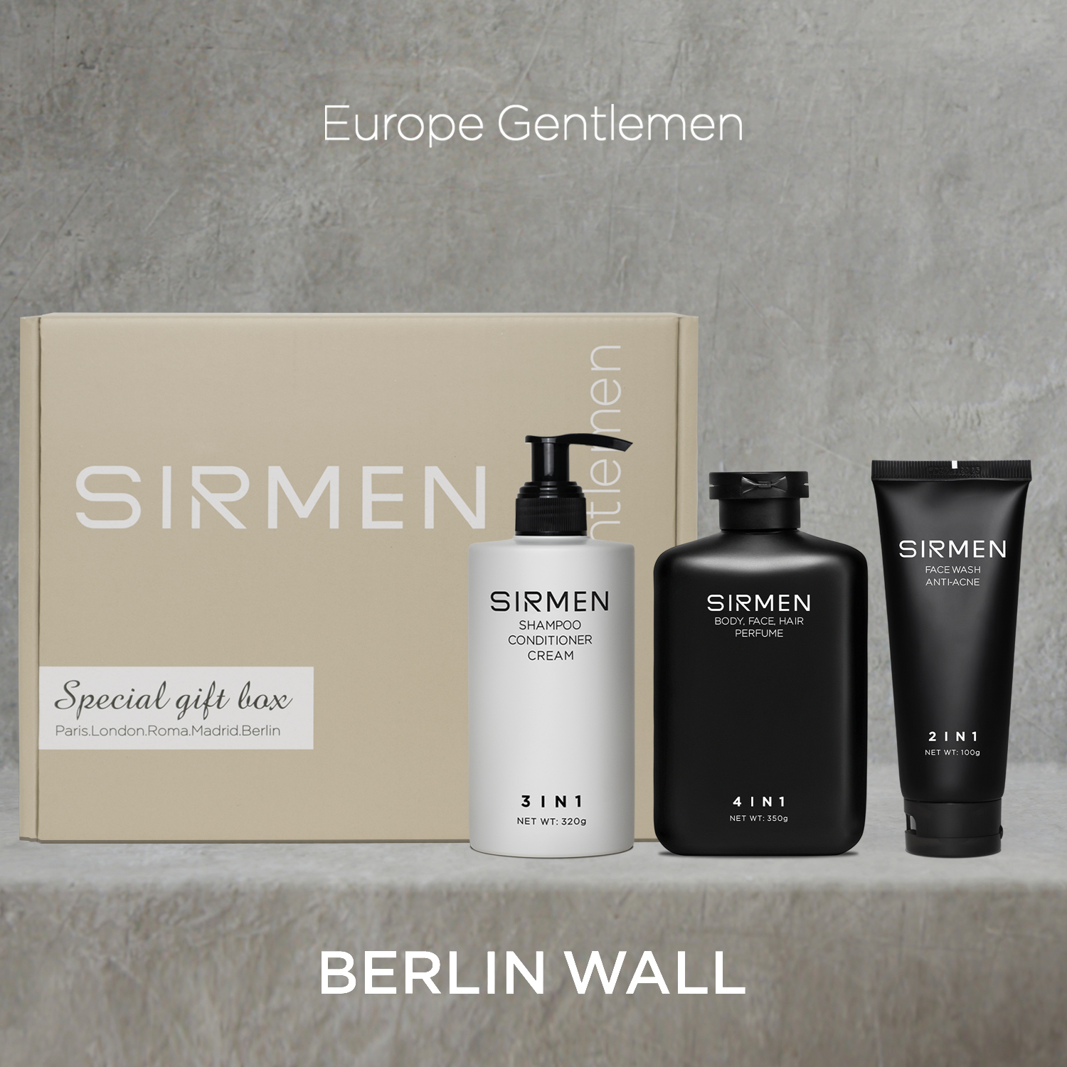 GIFTBOX combo 3 - Berlin Wall Sữa tắm gội nam 4 in 1 - Dầu gội xả dưỡng nam 3 in 1 và Sữa rửa mặt nam 2 in 1 SIRMEN