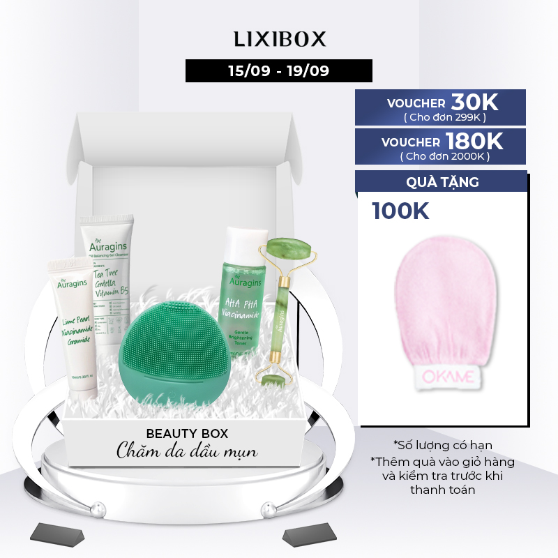 Beauty Box Chăm Da Dầu Mụn ( Combo Máy Rửa Mặt Halio, Gel Rửa Mặt, Gel Dưỡng Ẩmm, Nước Cân Bằng Minisize, Thanh Lăn )