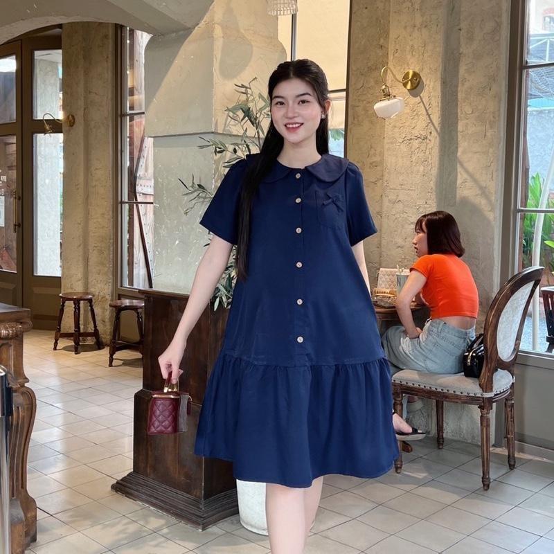 Đầm bầu công sở form đuôi cá phối nút cổ sen chất cotton lạnh đồ bầu đẹp dễ thương - Xanh rêu