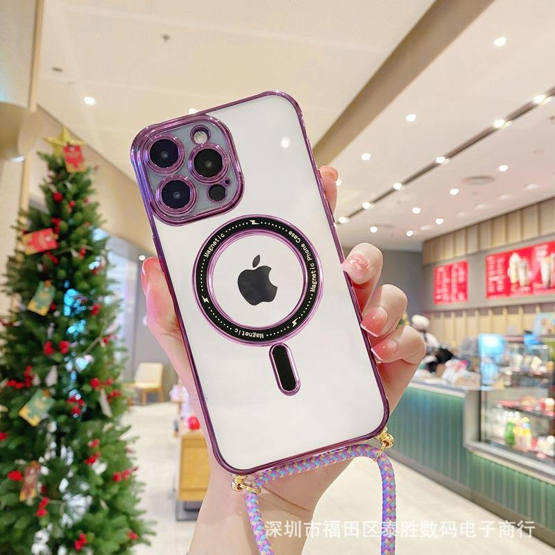 Ưu đãi đặc biệt đơn giản và trong suốt cho iPhone13/14promax mạ điện hút từ tính dây buộc chéo Apple 12 vỏ điện thoại di động thủy triều