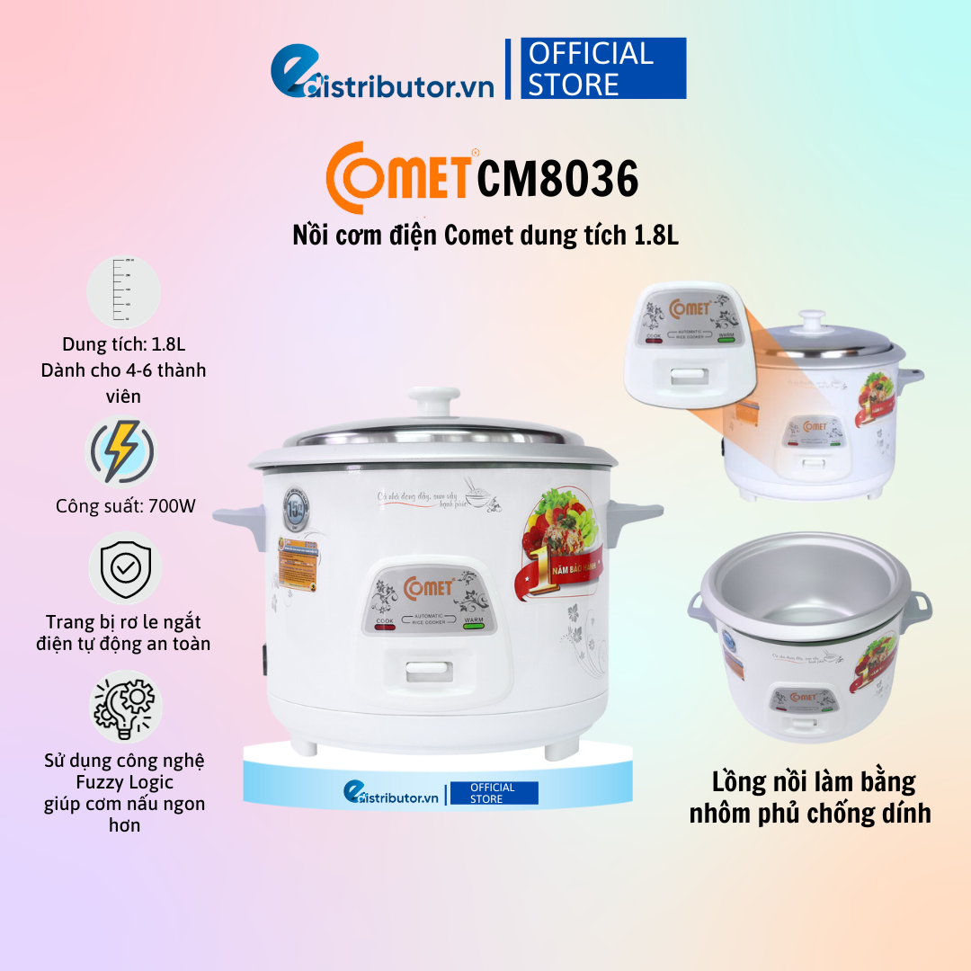 Nồi Cơm Điện Comet CM8036 (Dung tích 1.8L) - Hàng Chính Hãng - Bảo Hành 12 Tháng