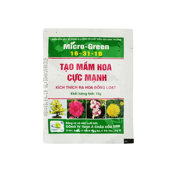 Phân bón có chất điều hòa sinh trưởng Micro Green 16-31-16 kích ra hoa đồng loạt, tạo mầm hoa cực mạnh, bật nhiều nụ, trổ nhiều bông gói 10g