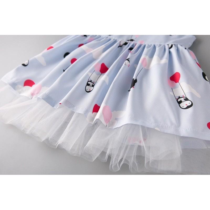 Váy xanh phi lụa kết voan bé gái