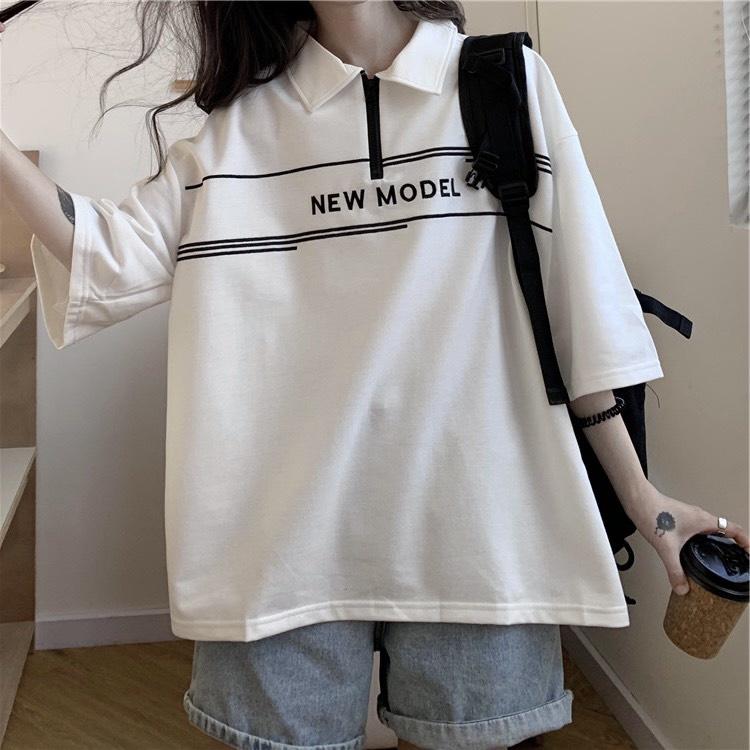Áo Polo Cộc Tay Khóa Kéo In Chữ NEW MODEL Dáng Rộng