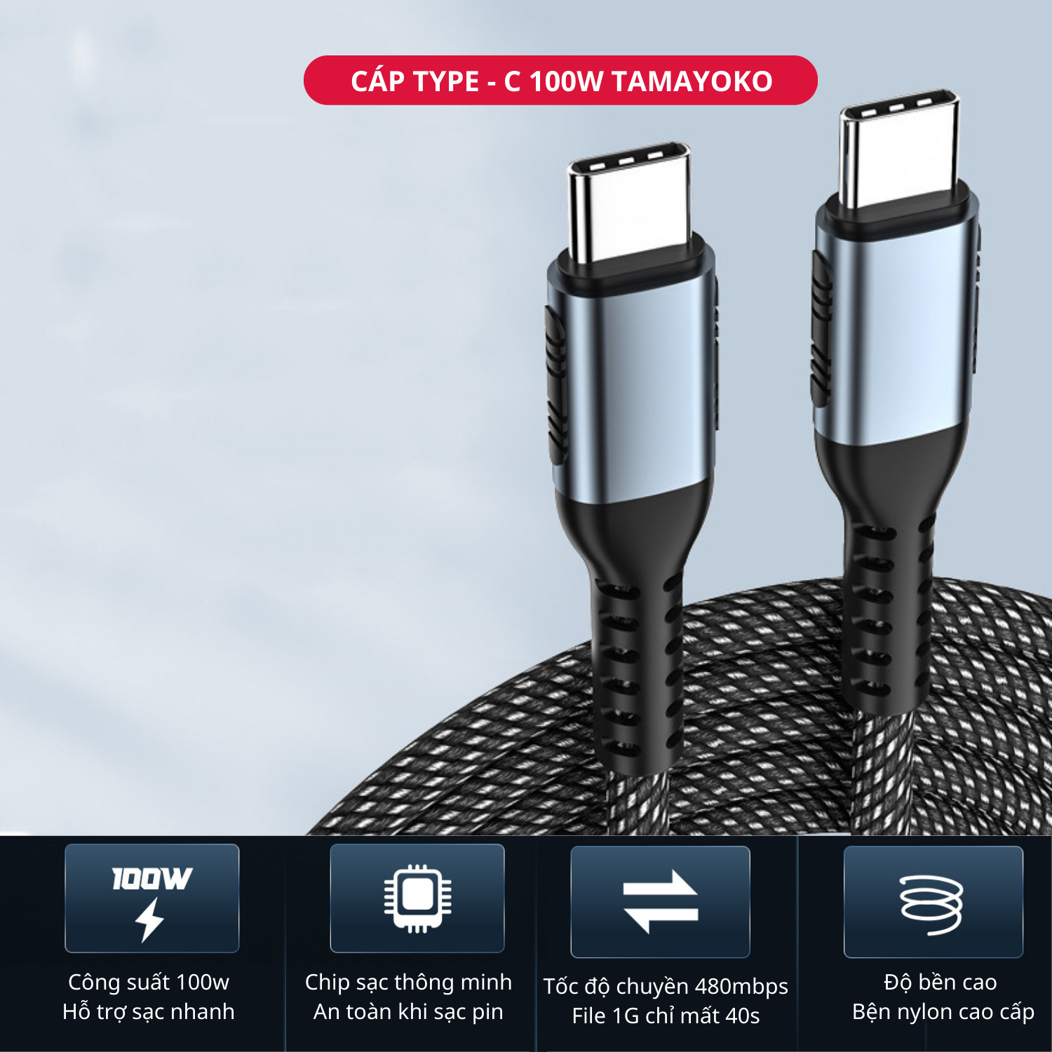 Dây Cáp Sạc Nhanh USB Type C to Type C 100W Dài 2M Dây Dù Siêu Bền Tốc Độ cao Chuyên Sạc Laptop, Smartphone, Tablet - Hàng Chính Hãng Tamayoko