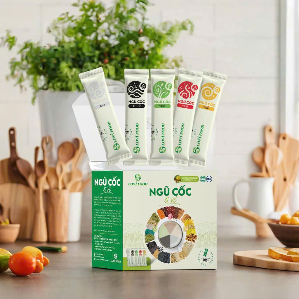 Ngũ Cốc 5 Vị LoviFood Hộp 480g (25 gói x 18g) - Thực Phẩm Bổ Sung Dinh Dưỡng Cho Mẹ Bầu, Sau Sinh, Người Già, Người Tiểu Đường, Ăn Chay, Ăn Kiêng, Eat Clean, Healthy, Tốt Cho Tim Mạch, Giúp Ngủ Ngon Hơn