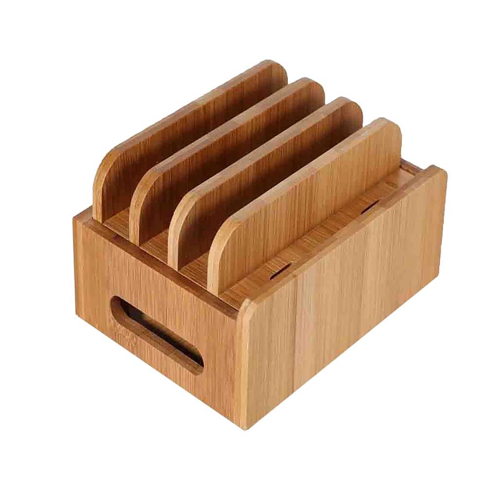 Cord Organizer, 4 Slots Bamboo Stand Multi-device Desktop Cords Organizer Dock Charging Station Holder with Built-in Insert Slots for Smartphones, Tablets and Laptops