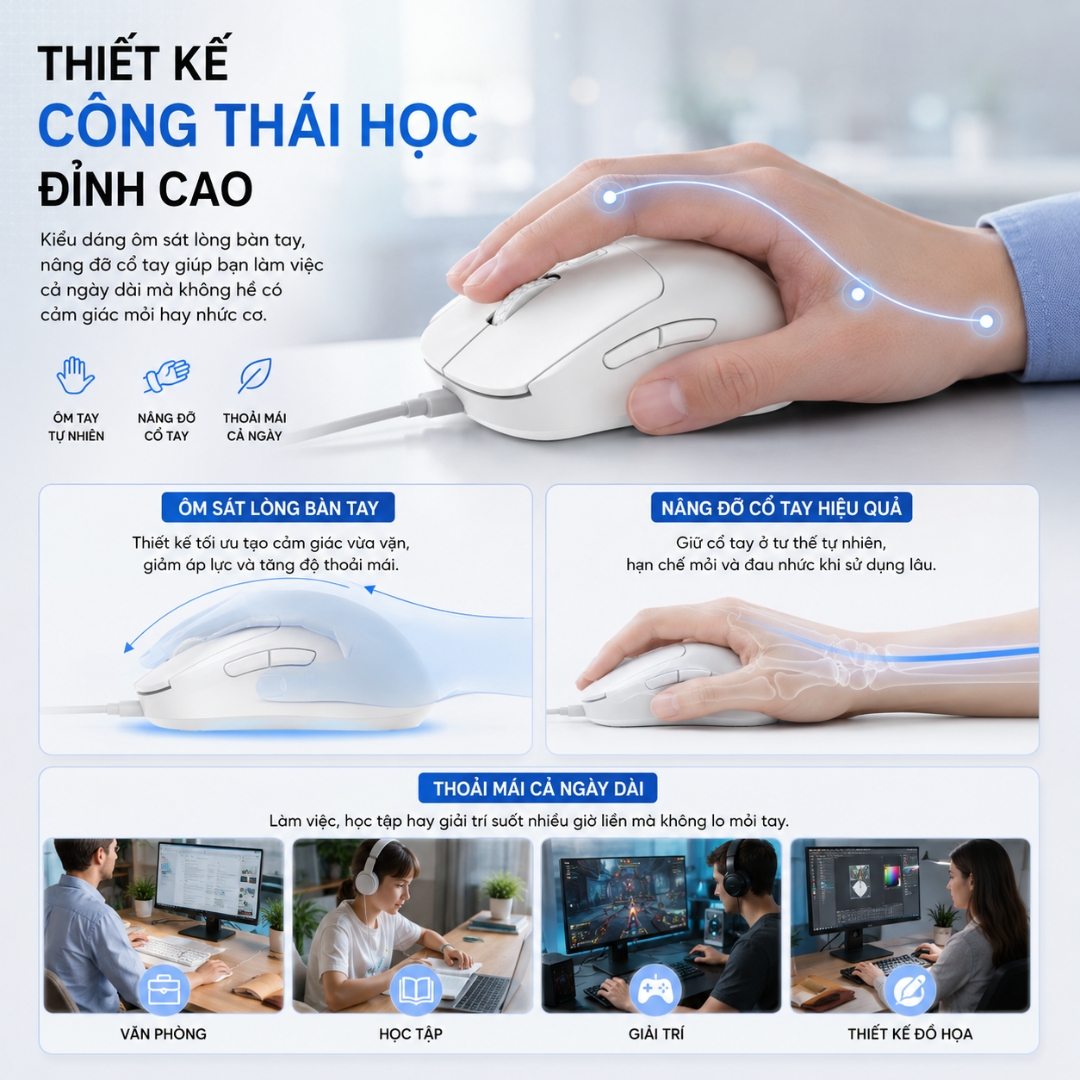 Chuột máy tính công thái học AirPrecision Mouse WiWU WIMICE WM111 DPI 3600 cho Laptop | 6 Phím Thông Minh | Cáp 1.8M Siêu Bền | Switch 5 Triệu Lần Nhấp | Chuột Văn Phòng, Học Tập, Gaming Nhẹ - Hàng nhập khẩu