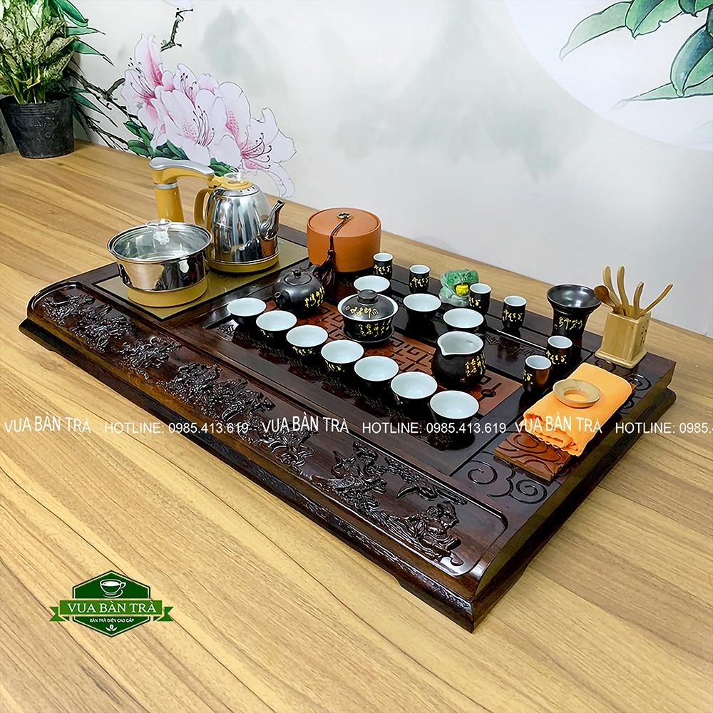 Bộ Bàn Trà Điện Thông Minh Phù Điêu Bát Tiên Thưởng Trà Chất Liệu Gỗ Mun