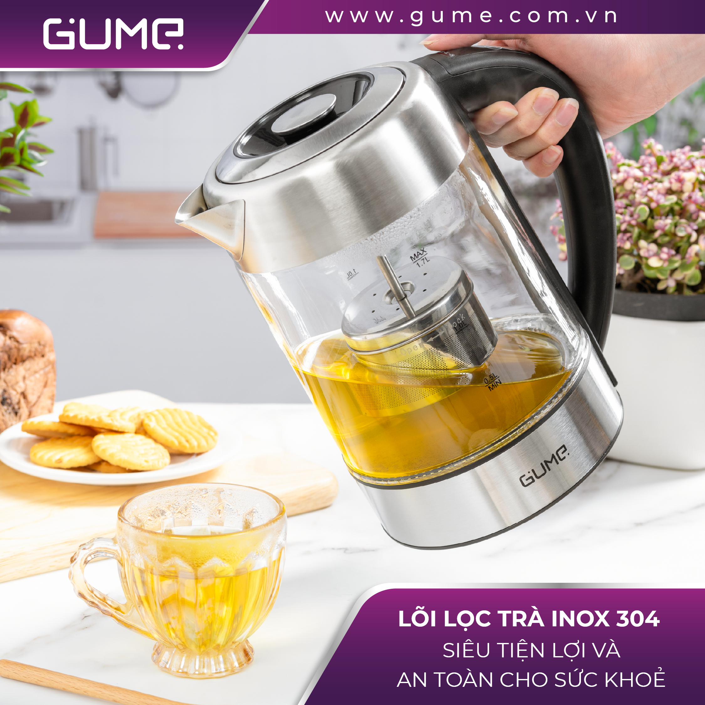 Ấm Đun Siêu Tốc Khử Clo GUME Thủy Tinh 1.7L - Hàng Nhập Khẩu Hàn Quốc