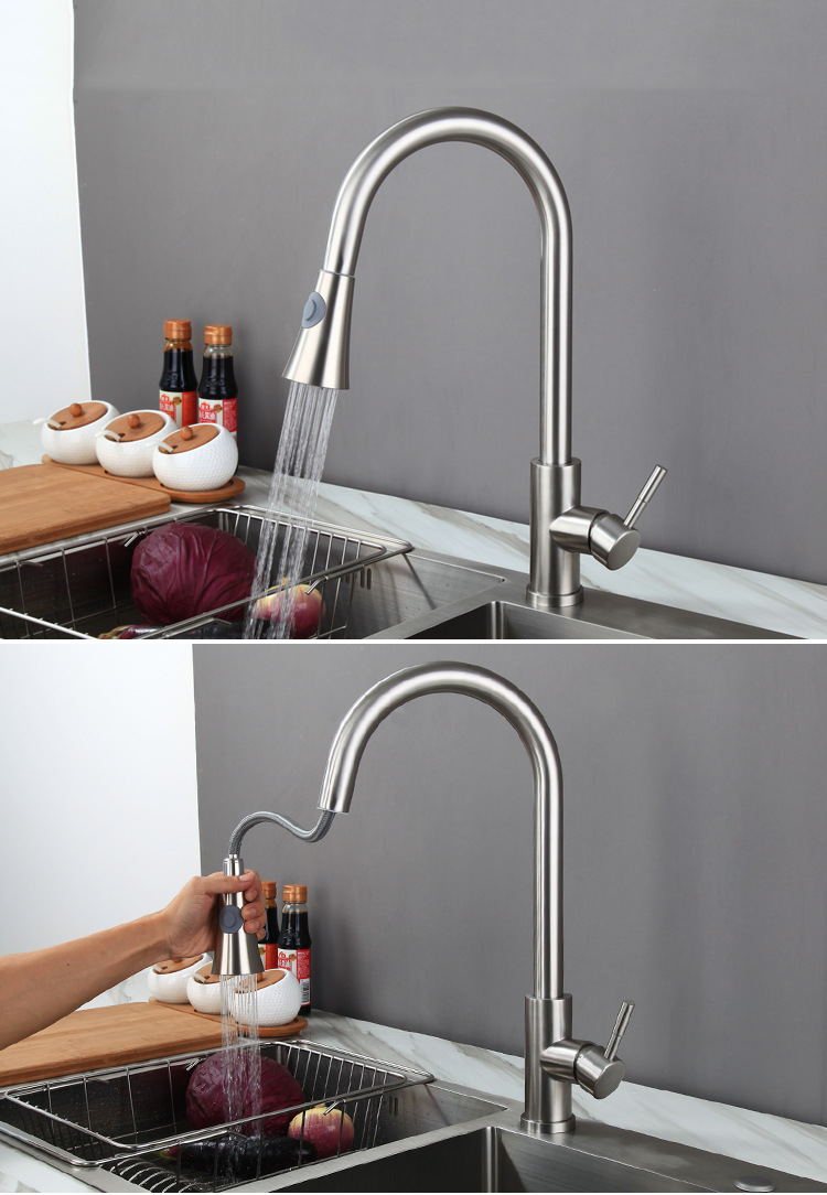 Vòi Rửa Chén Bát Nóng Lạnh Gắn Chậu Có Dây Rút Bằng Inox Sus 304