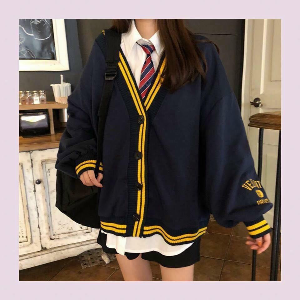 Áo Khoác Unisex Cardigan Kẻ Vàng Thun Nỉ Ngoại FreeSize 68kg AK90