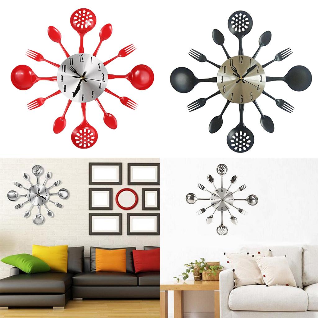 Kitchen Wall Clock 3D Kitchen Spoon Fork Wall Clock Wall Wall Room Black