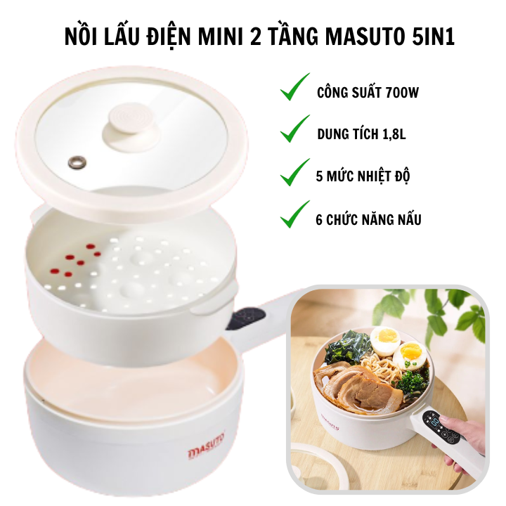 Nồi Lẩu Điện Mini 2 Tầng Sothing Masuto 5in1, Công Suất 700w, Bảng Điều Khiển Điện Tử Chống Nước- Hàng chính hãng