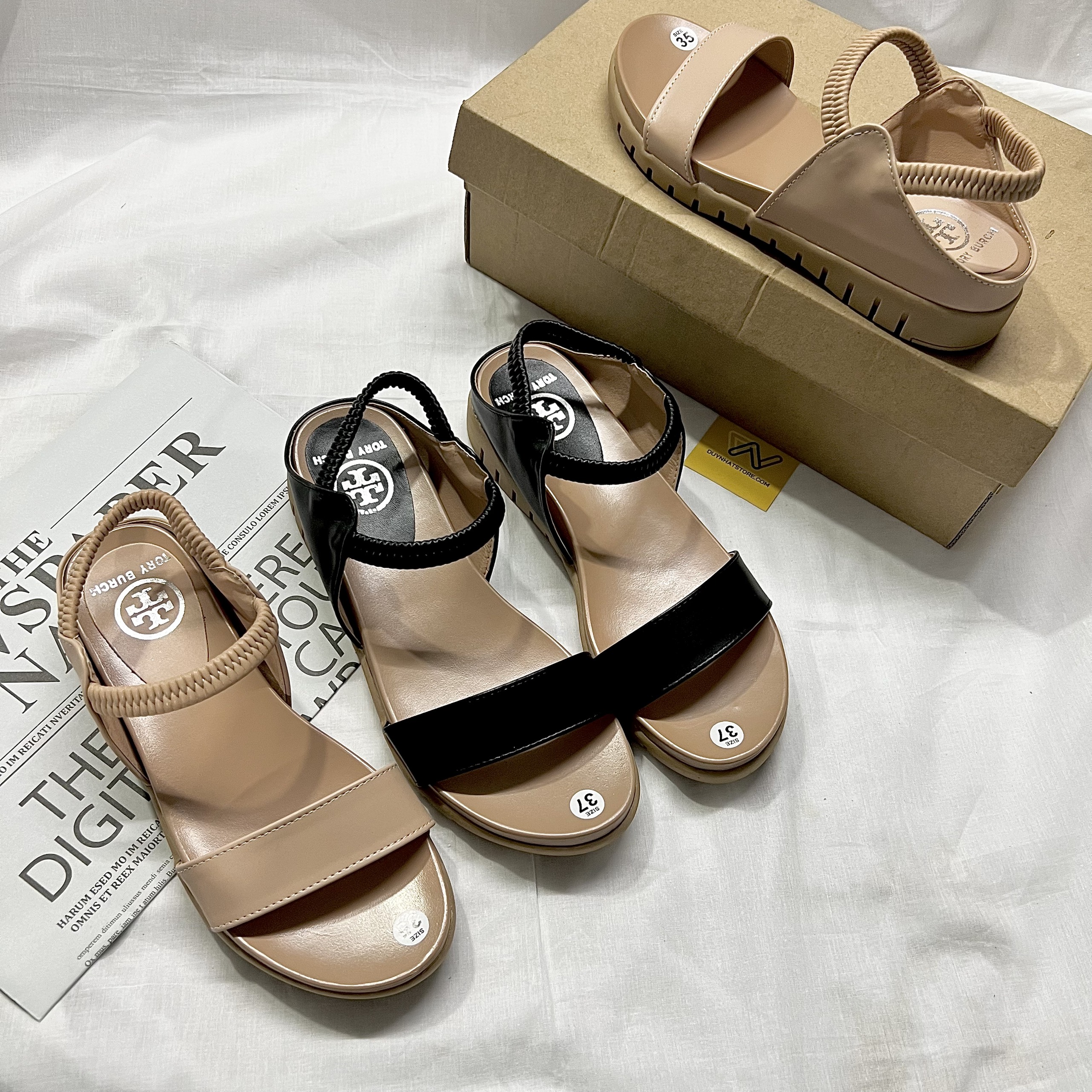 Giày Sandal Nữ 1 Quai Ngang Trơn Đế Xuồng Bằng 3cm Kem Đen Duy Nhật Store Học Sinh Đi Học Uzzang Chiến Binh Thun Bánh Mì